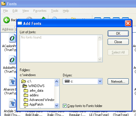 picture of Add Font window in XP