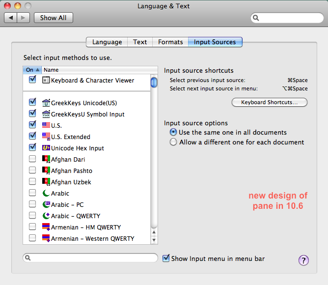 picture of Input Sources pane Mac 10.6