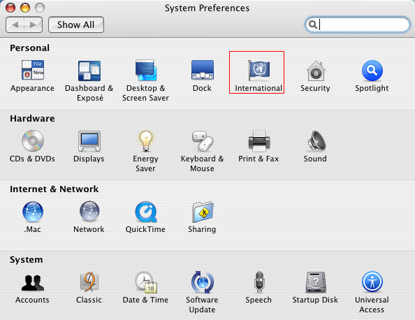 picture of International System Preference Mac