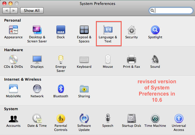 picture of Languages & Text System Preference Mac 10.6