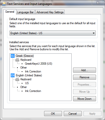 Teh text services window in Windows 7