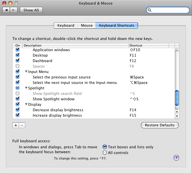 keyboard shortcuts setting in Mac OS X
